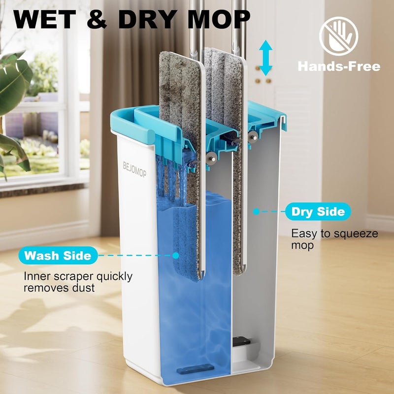 BEJOMOP Mop and Bucket Set with Wringer, Dry & Wet Wall Mop Cleaner with Long Handle, Flat Squeeze Spin Dust Mop for Household Floor Cleaning with 4 Microfiber Mops, Turquoise-Cyan - Image 2
